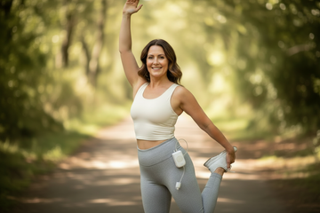 regenerate the same woman wearing an insulin pump on her pants while exercising 