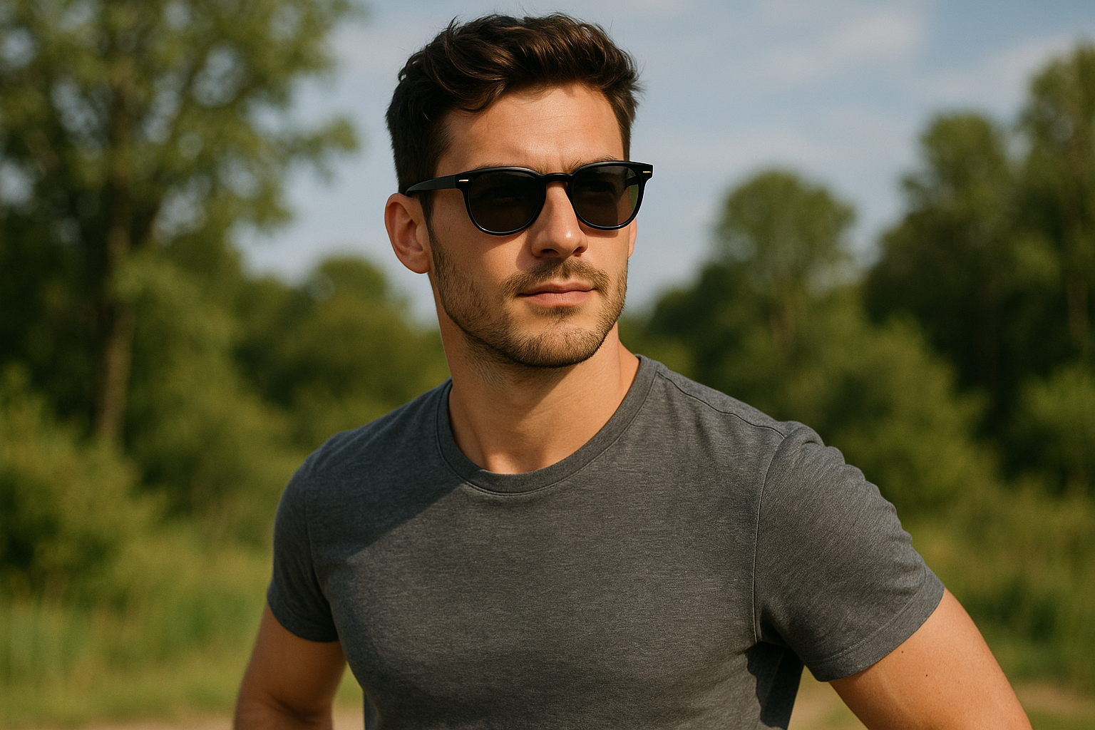 young man wearing sun glasses outdoors