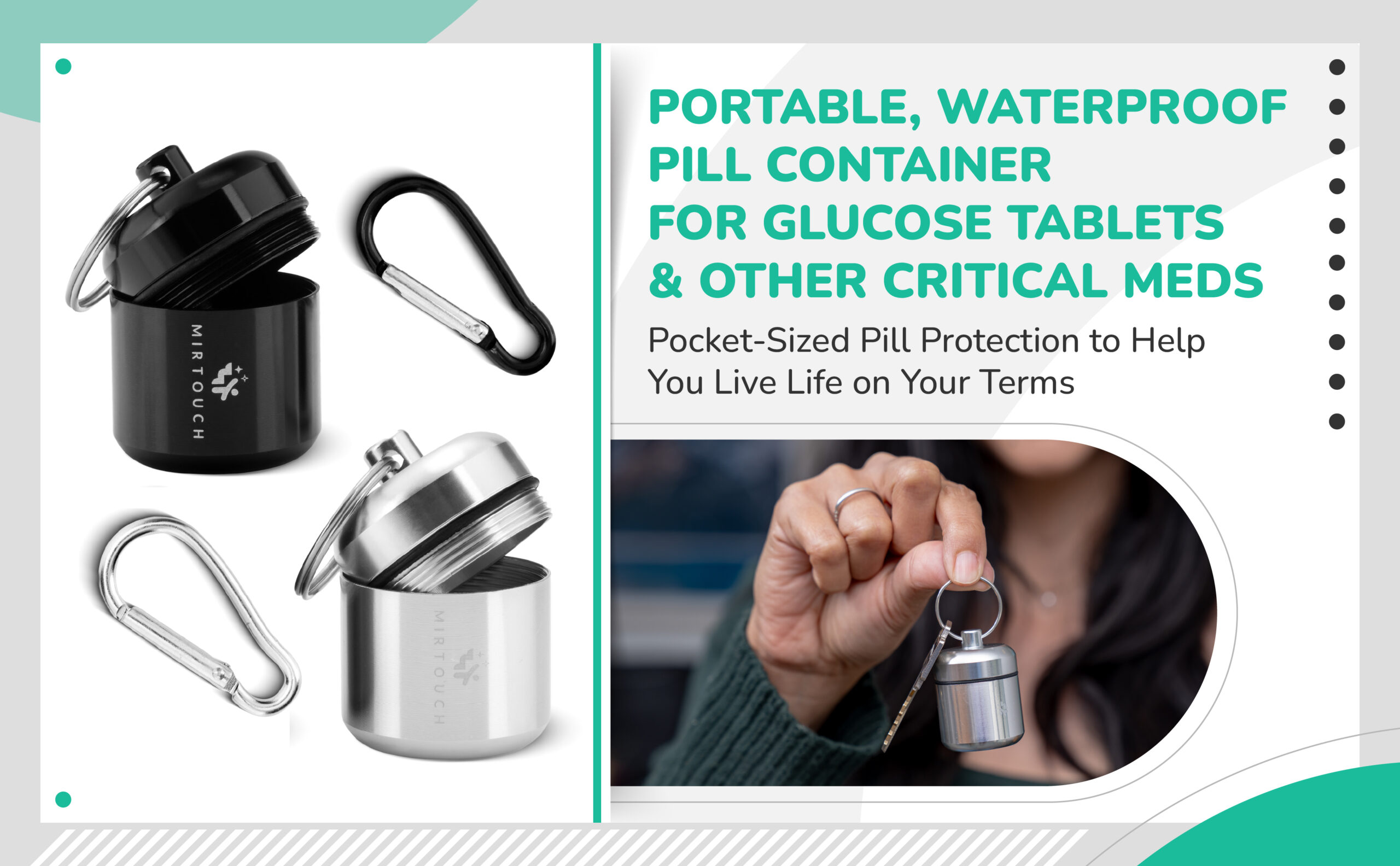 portable waterproof pill container for glucose tablets and other critical meds